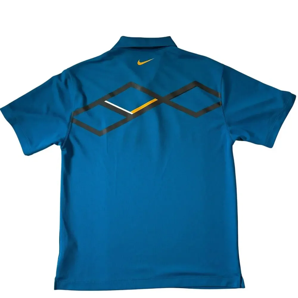 Nike Golf Polo Shirt Men's Medium Blue Diamond Graphic Black Yellow Accents
